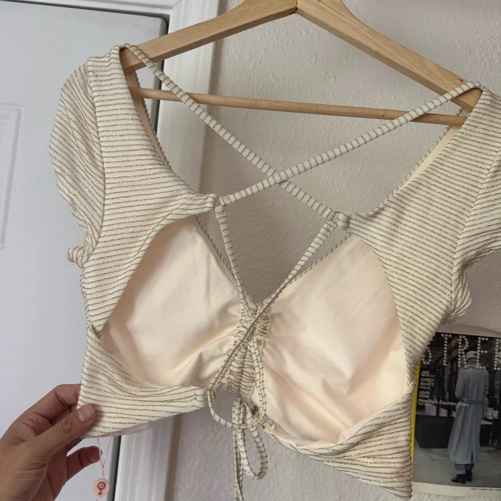 NWT P2F Gold cream metallic striped lace up‎ cropped swim top